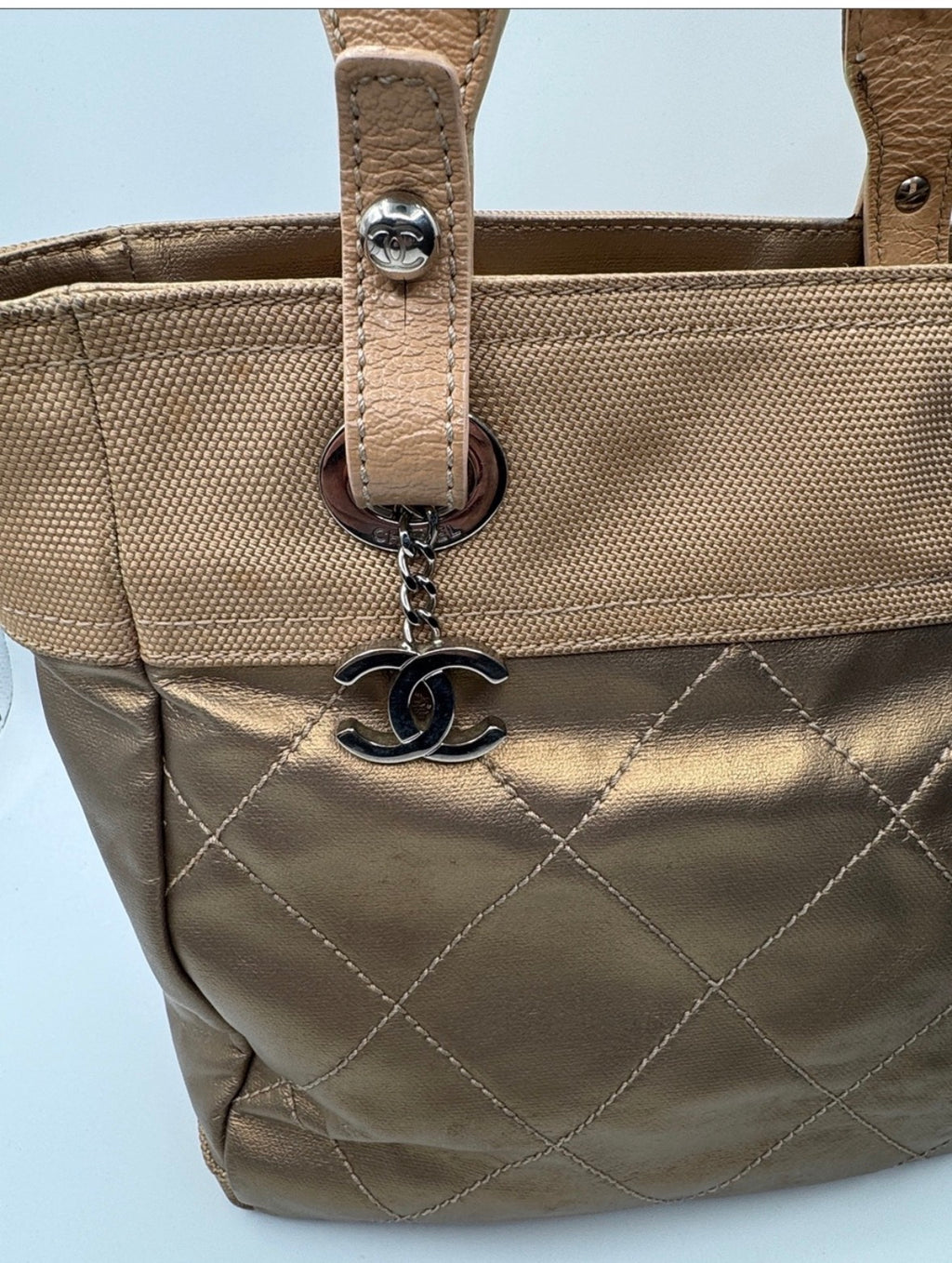 Chanel Paris-Biarritz Tote Bag, Medium Shopper, Quilted Nylon, Gold/Beige