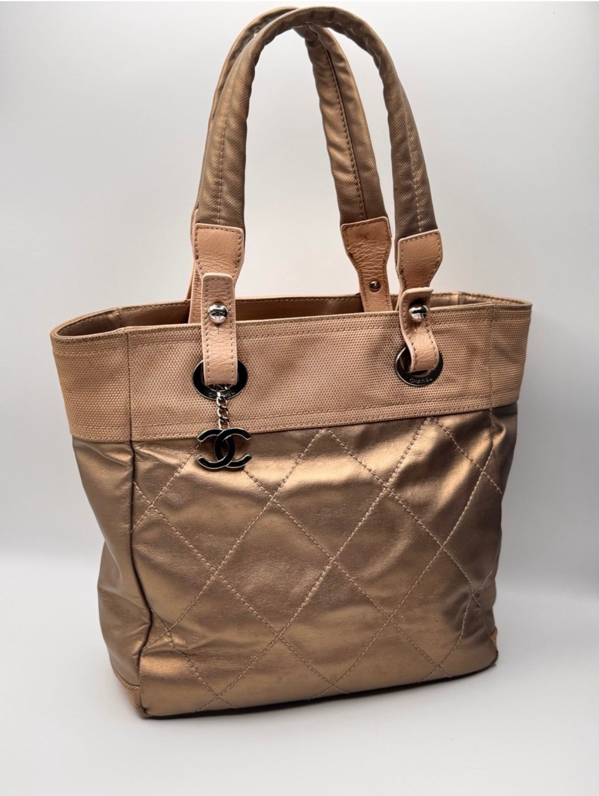Chanel Paris-Biarritz Tote Bag, Medium Shopper, Quilted Nylon, Gold/Beige