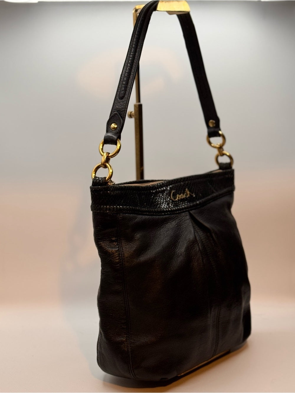 COACH Ashley Black Leather Hippie Shoulder Bag F20114 Snake Trim EUC