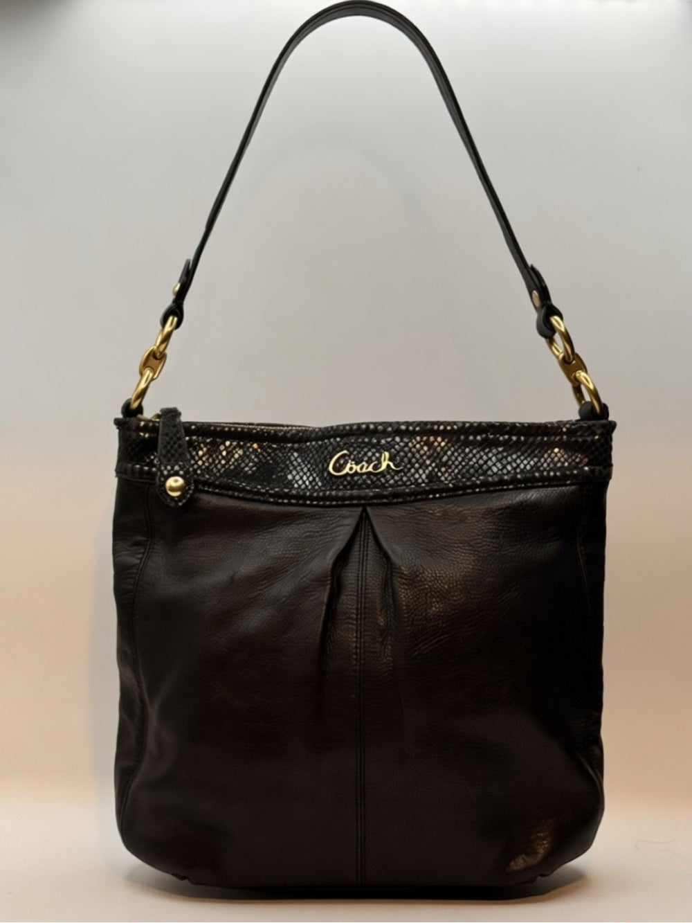 COACH Ashley Black Leather Hippie Shoulder Bag F20114 Snake Trim EUC