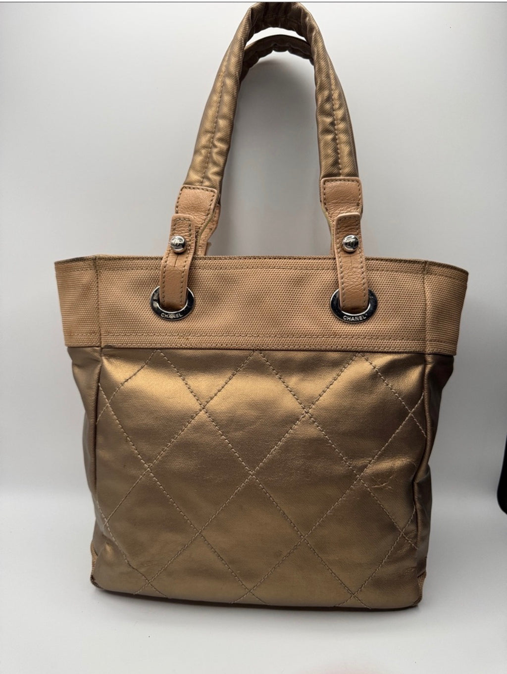 Chanel Paris-Biarritz Tote Bag, Medium Shopper, Quilted Nylon, Gold/Beige