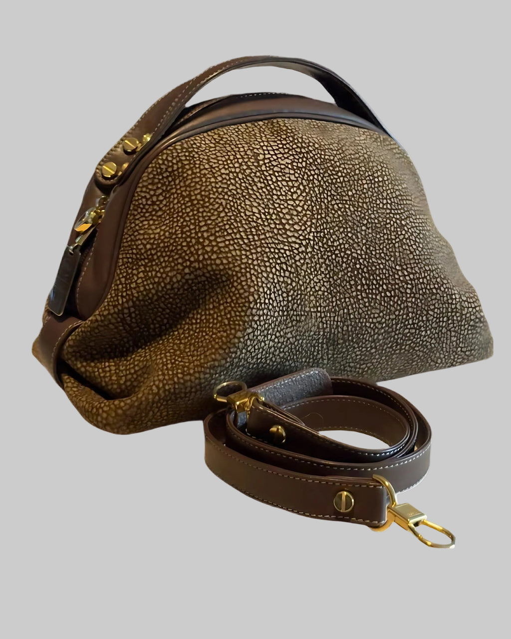Vintage Borbonese Redwall Dome Satchel – Iconic Quail Print Suede & Leather