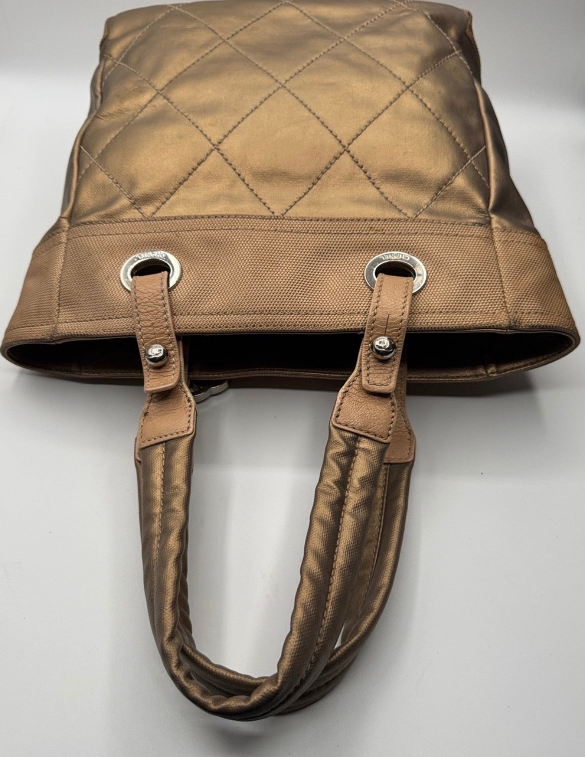 Chanel Paris-Biarritz Tote Bag, Medium Shopper, Quilted Nylon, Gold/Beige