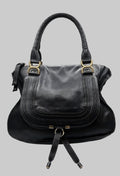 Chloé Marcie Leather Satchel | Black Pebbled Leather | Top Handle Shoulder Bag