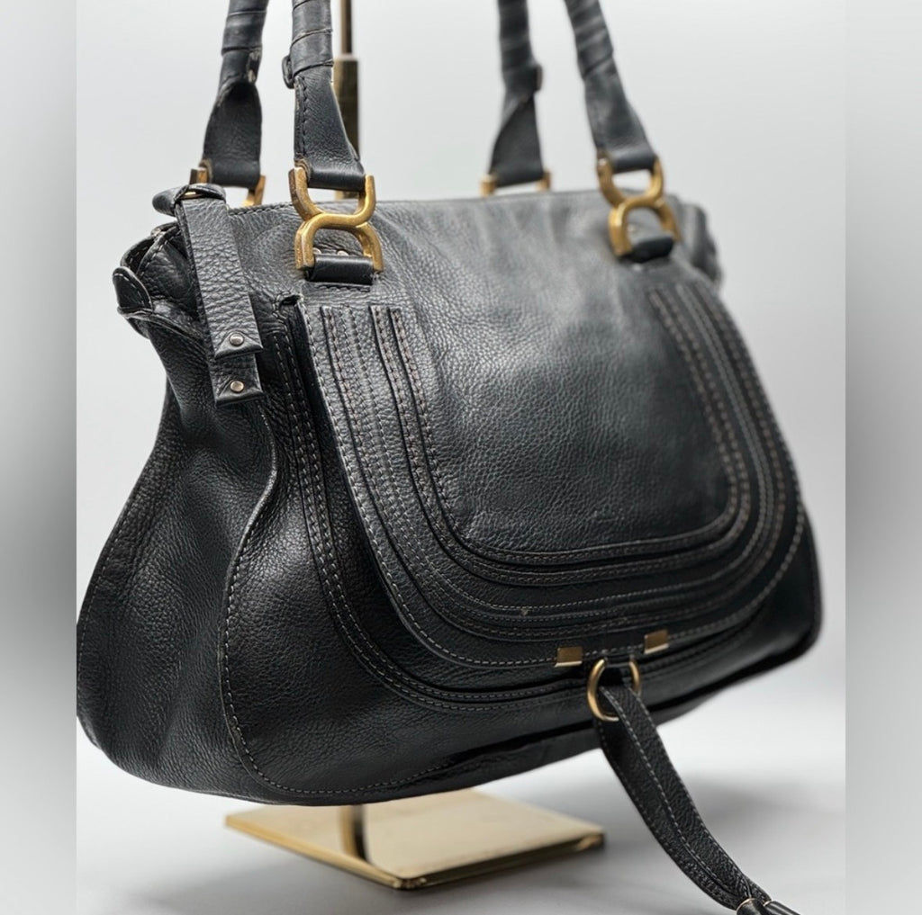 Chloé Marcie Leather Satchel | Black Pebbled Leather | Top Handle Shoulder Bag