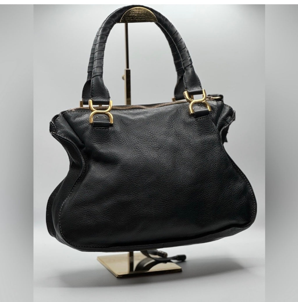 Chloé Marcie Leather Satchel | Black Pebbled Leather | Top Handle Shoulder Bag
