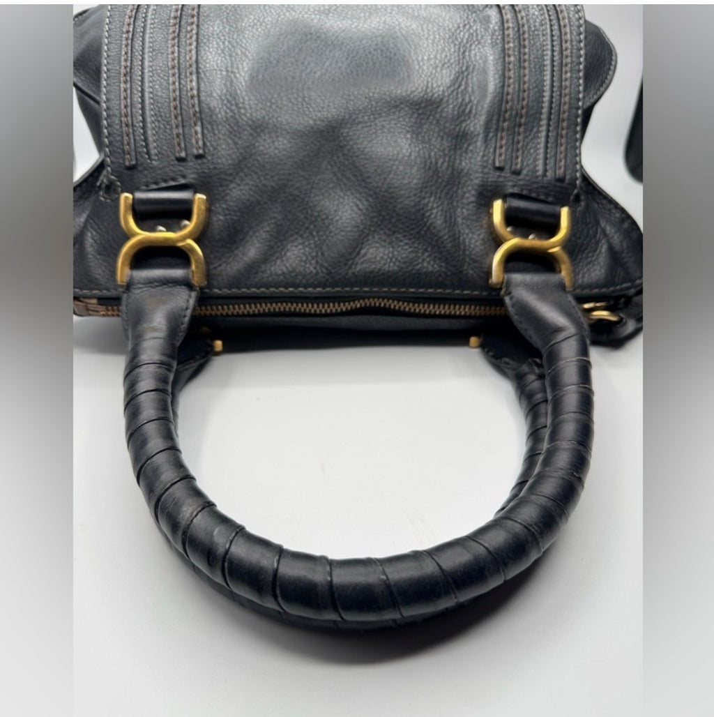 Chloé Marcie Leather Satchel | Black Pebbled Leather | Top Handle Shoulder Bag