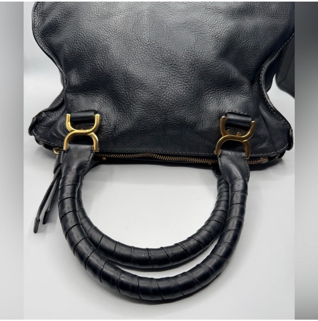 Chloé Marcie Leather Satchel | Black Pebbled Leather | Top Handle Shoulder Bag