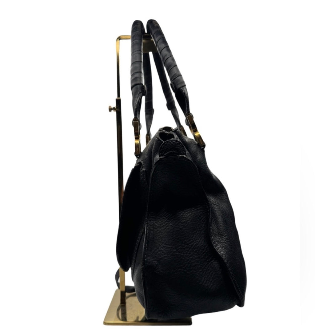 Chloé Marcie Leather Satchel | Black Pebbled Leather | Top Handle Shoulder Bag