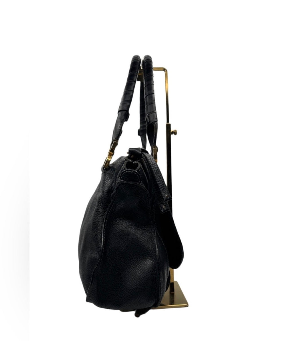 Chloé Marcie Leather Satchel | Black Pebbled Leather | Top Handle Shoulder Bag